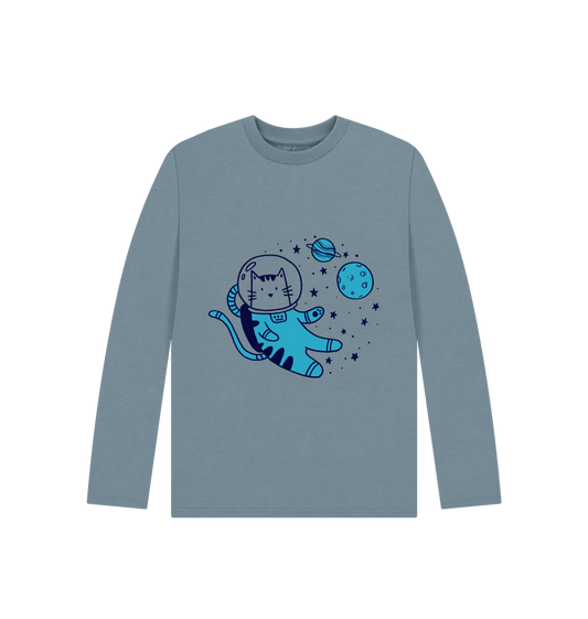 Stone Blue Kids' Space Cat Long Sleeve Tee - Eco-Friendly